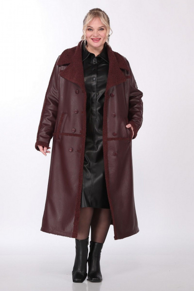 Пальто женское длинное двубортное из экокожи с разрезами Celentano 2081.2 шоколад - фото 7