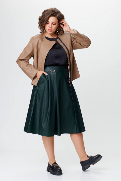 Женский костюм из экокожи жакет и юбка с складками Solomeya Lux 852/952 бежевый+изумруд - фото 11