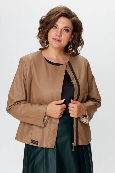 Женский костюм из экокожи жакет и юбка с складками Solomeya Lux 852/952 бежевый+изумруд - фото 8