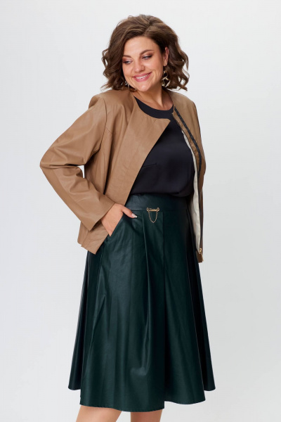 Женский костюм из экокожи жакет и юбка с складками Solomeya Lux 852/952 бежевый+изумруд - фото 7