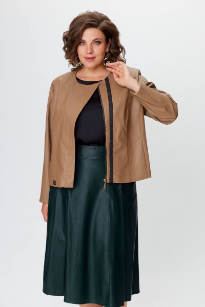 Женский костюм из экокожи жакет и юбка с складками Solomeya Lux 852/952 бежевый+изумруд - фото 6