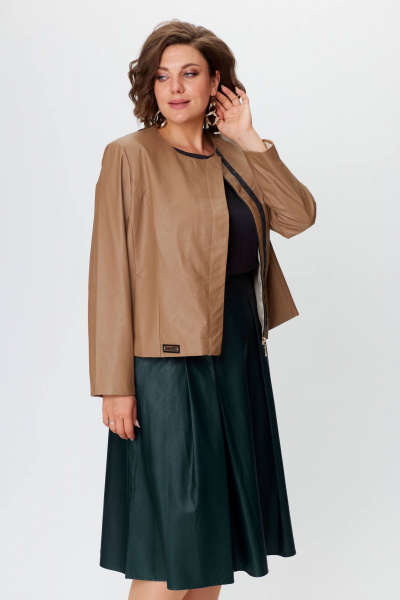 Женский костюм из экокожи жакет и юбка с складками Solomeya Lux 852/952 бежевый+изумруд - фото 5