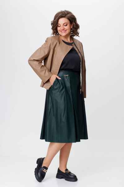 Женский костюм из экокожи жакет и юбка с складками Solomeya Lux 852/952 бежевый+изумруд - фото 4