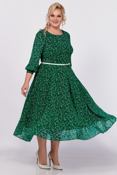 Белое и зеленое платье из шифона с ремнем по линии талии Swallow 777 - фото 3