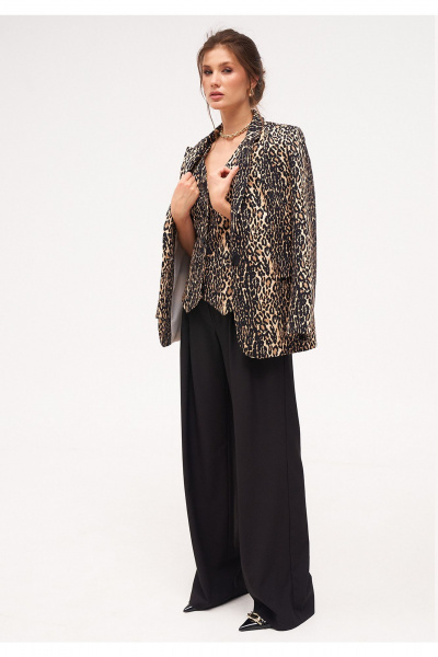 Демисезонный женский комплект из жакета, жилета и палаццо из текстиля KaVaRi 8041 леопардовый_черный - фото 16