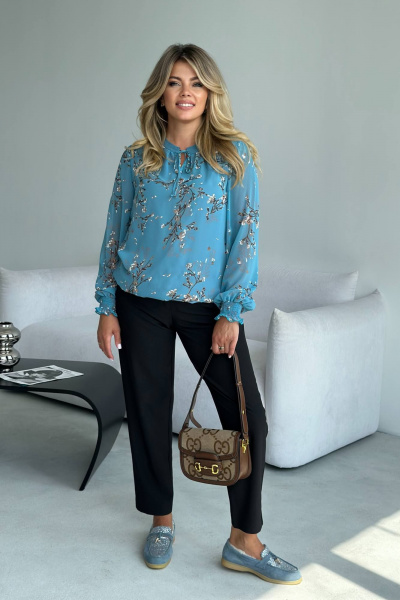 Блуза из шифона с завязками и воротником-стойкой LindaLux 812 бирюзовая_ветка - фото 7