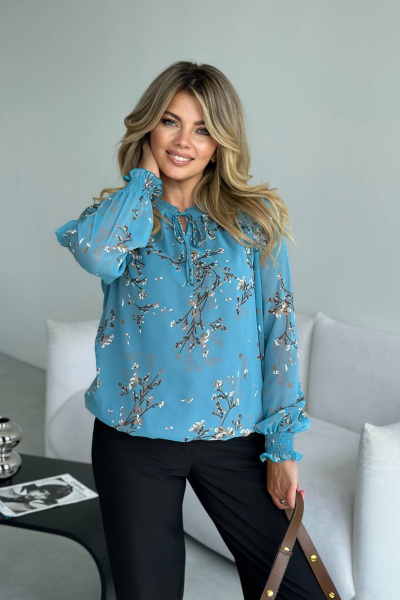 Блуза из шифона с завязками и воротником-стойкой LindaLux 812 бирюзовая_ветка - фото 6