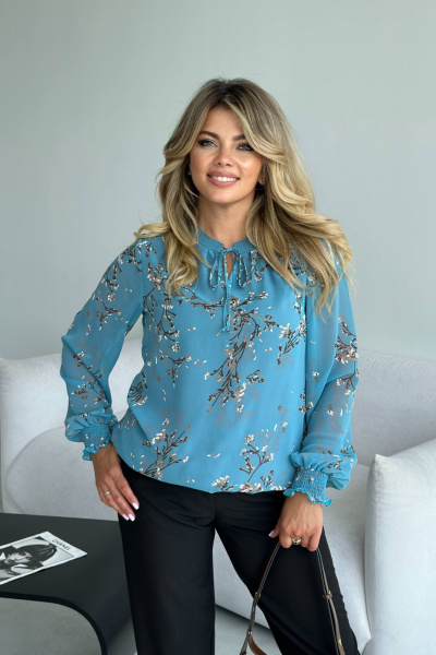 Блуза из шифона с завязками и воротником-стойкой LindaLux 812 бирюзовая_ветка - фото 5