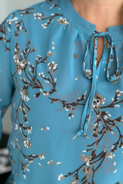 Блуза из шифона с завязками и воротником-стойкой LindaLux 812 бирюзовая_ветка - фото 1