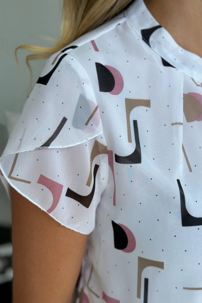 Блуза из шифона с коротким рукавом и элегантным воротником LindaLux 812/1 белая_геометрия - фото 6