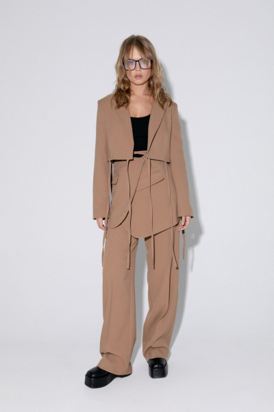 Комплект из жакета, майки и брюк палаццо PiRS 4973 бежевый+черный - фото 4