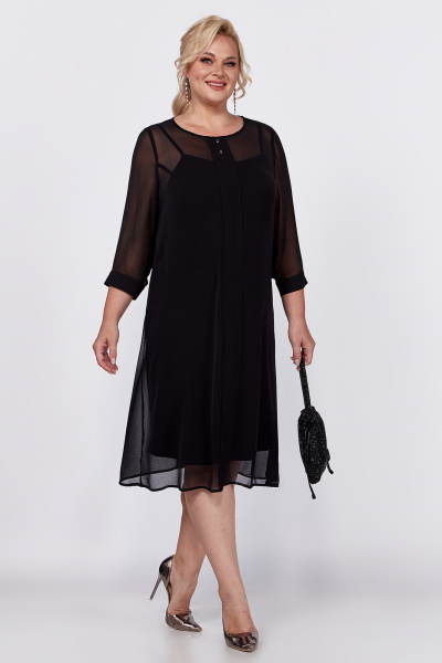 Платье черное с бантовыми складками и разрезом по переду Новелла Шарм А4014 - фото 1
