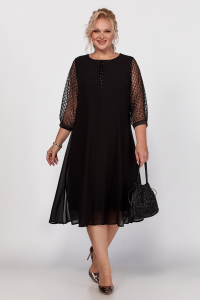 Платье черное шифоновое с рукавами из сетки и стразами Algranda А4016 - фото 1