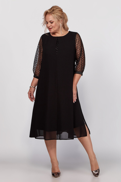 Платье черное шифоновое с рукавами из сетки и стразами Algranda А4016 - фото 2