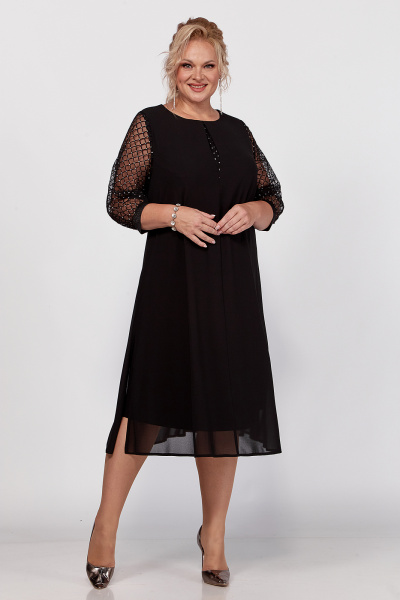 Платье черное шифоновое с рукавами из сетки и стразами Algranda А4016 - фото 7