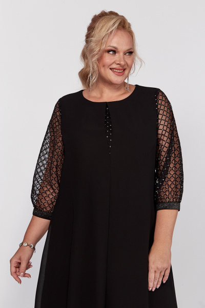 Платье черное шифоновое с рукавами из сетки и стразами Algranda А4016 - фото 8