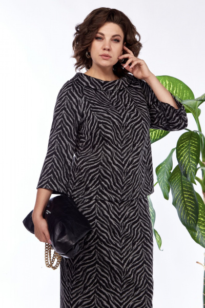 Деловой костюм блузка и юбка в стиле Old Money из трикотажа Anastasia 1148 черно-серый - фото 11