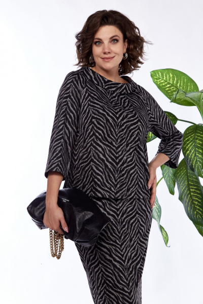 Деловой костюм блузка и юбка в стиле Old Money из трикотажа Anastasia 1148 черно-серый - фото 9