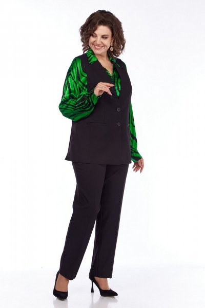 Костюм с жилетом, блузой и брюками из натуральных тканей Милора-стиль 1255 черный_с_зеленым - фото 3