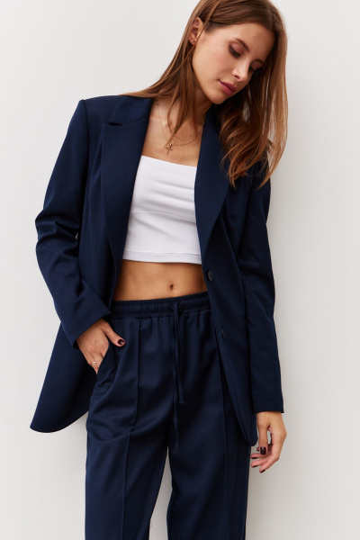 Жакет деловой из текстиля в стиле кэжуал Luitui R3014 темно-синий - фото 2