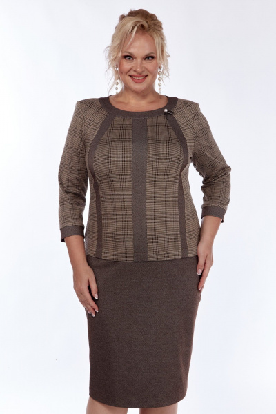 Платье деловое из трикотажного полотна с вырезом LadyThreeStars 2475 клетка+коричневый меланж - фото 2