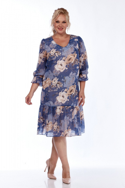 Стильное шифоновое платье с воланами и V-вырезом LadyThreeStars 2477 синий_цветочный_принт - фото 1
