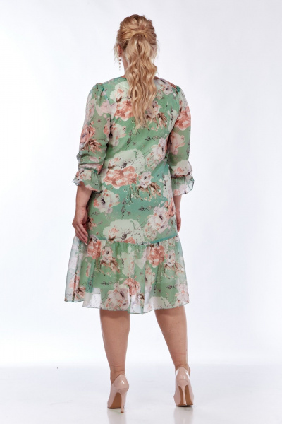 Легкое шифоновое платье на воздухе с V-вырезом LadyThreeStars 2478 салатовый_цветочный_принт - фото 3