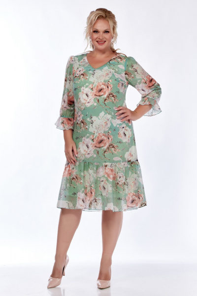 Легкое шифоновое платье на воздухе с V-вырезом LadyThreeStars 2478 салатовый_цветочный_принт - фото 1