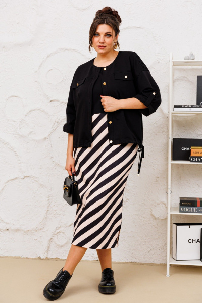 Комплект бежевый черный жакет и платье на каждый день Romanovich Style 3-2713 чёрный/беж - фото 1