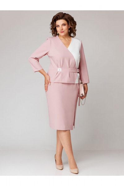 Демисезонный комплект блузы и юбки с поясом и разрезом Мишель стиль 1212-1 пыльная_роза - фото 2