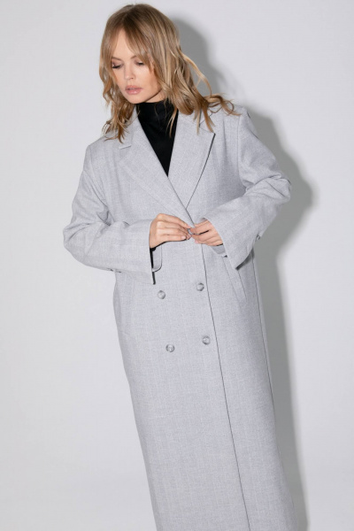 Миди-пальто оверсайз с расширенным плечом из ткани с рисунком PiRS 5449 серый - фото 9