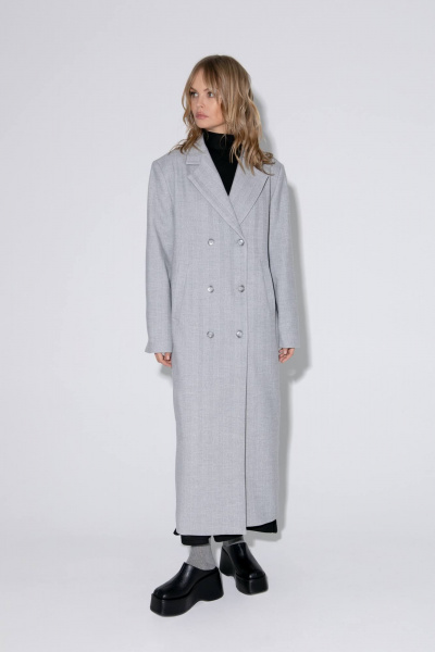 Миди-пальто оверсайз с расширенным плечом из ткани с рисунком PiRS 5449 серый - фото 7