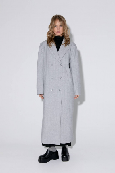 Миди-пальто оверсайз с расширенным плечом из ткани с рисунком PiRS 5449 серый - фото 1