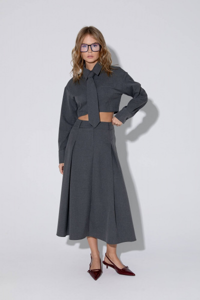 Миди-юбка со складками и притачным поясом из текстиля PiRS 5454 графит - фото 6