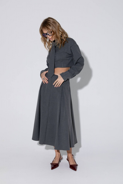 Миди-юбка со складками и притачным поясом из текстиля PiRS 5454 графит - фото 3