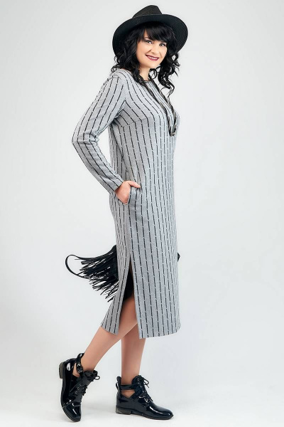 Платье прямое из трикотажа с нагрудными вытачками La rouge 5220 серый-(полоска) - фото 1