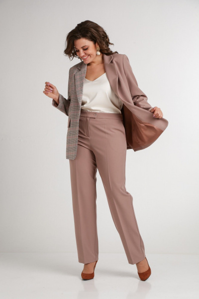 Бежевый костюм из комбинированной ткани с лацканами Takka Plus 24-237 - фото 3