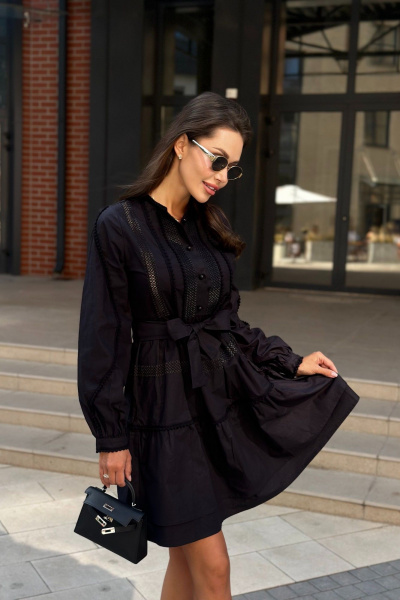 Черное платье из хлопка с кружевной отделкой Pavlova 174 - фото 9