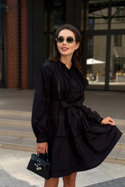 Черное платье из хлопка с кружевной отделкой Pavlova 174 - фото 6