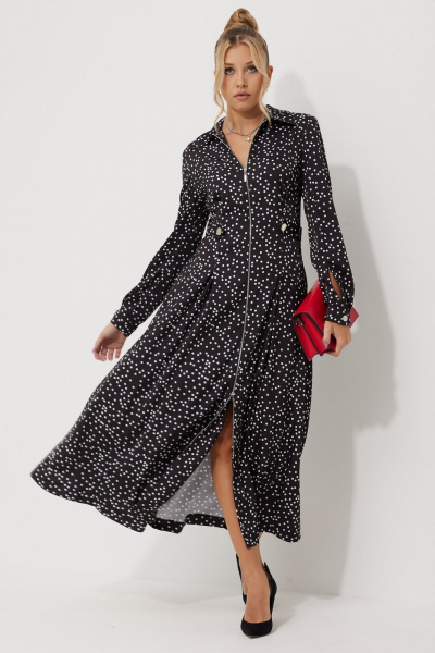 Миди-платье с горошковым принтом и складками AMUARt 1015-1 черно-белый_горох - фото 12