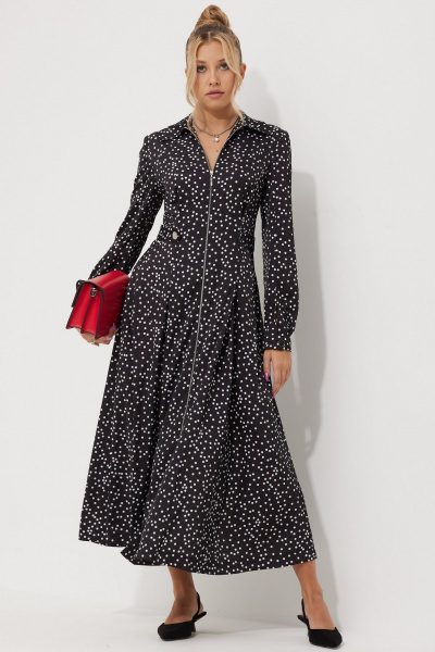 Миди-платье с горошковым принтом и складками AMUARt 1015-1 черно-белый_горох - фото 2