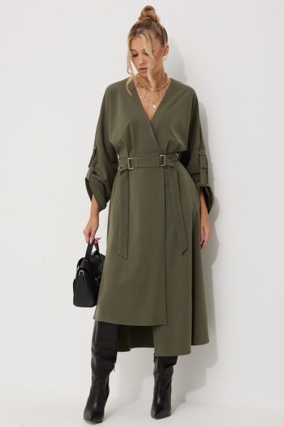 Деловое платье с запахом и асимметричной юбкой AMUARt 1016-1 хаки - фото 7