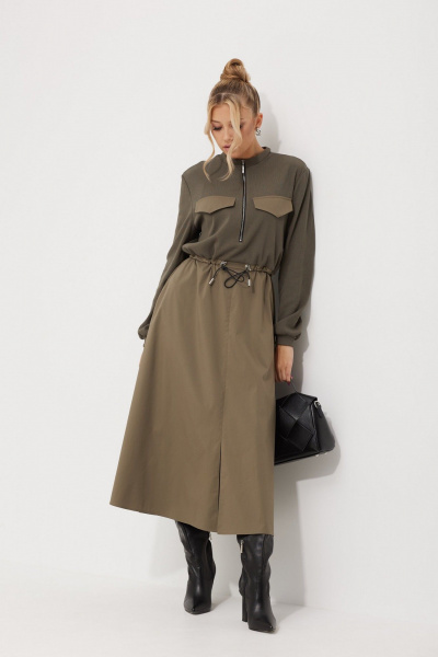 Свободное платье из текстиля с кулисами и карманами AMUARt 1018 хаки - фото 4