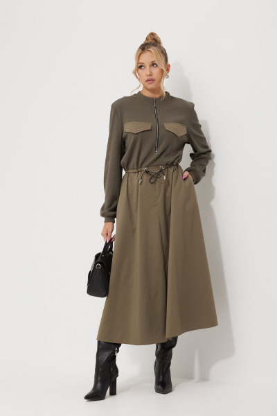 Свободное платье из текстиля с кулисами и карманами AMUARt 1018 хаки - фото 2