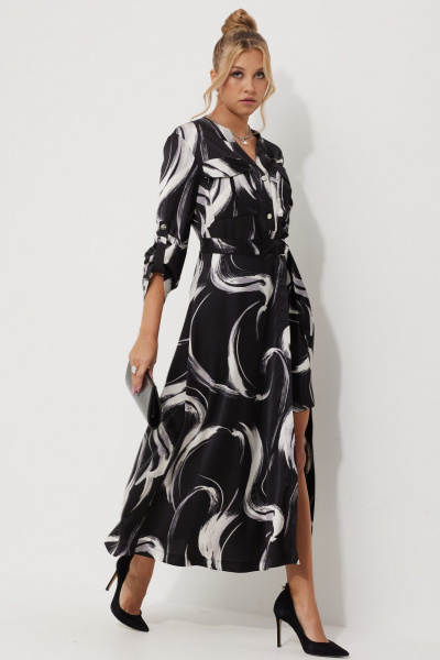 Платье миди из текстильного атласа с двойной юбкой AMUARt 1019-1 черно-белый - фото 13