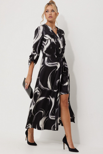 Платье миди из текстильного атласа с двойной юбкой AMUARt 1019-1 черно-белый - фото 12