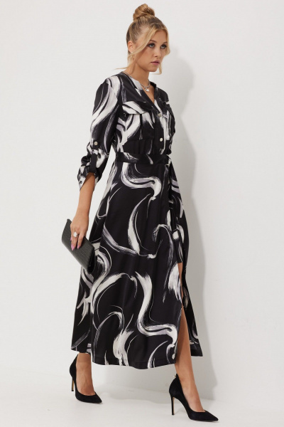 Платье миди из текстильного атласа с двойной юбкой AMUARt 1019-1 черно-белый - фото 11