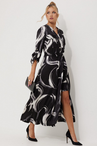 Платье миди из текстильного атласа с двойной юбкой AMUARt 1019-1 черно-белый - фото 10