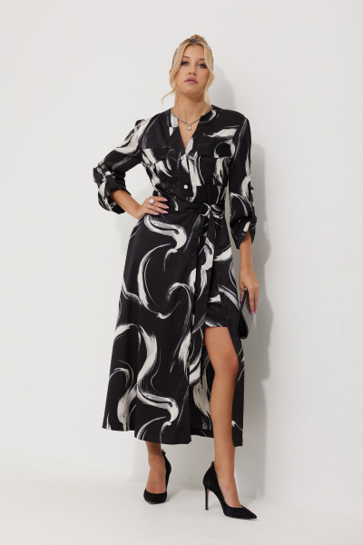 Платье миди из текстильного атласа с двойной юбкой AMUARt 1019-1 черно-белый - фото 9