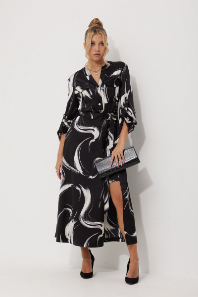 Платье миди из текстильного атласа с двойной юбкой AMUARt 1019-1 черно-белый - фото 8